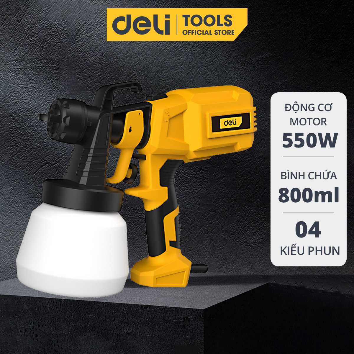 Súng phun sơn điện deli - máy phun sơn cầm tay công suất 550w dung tích 800ml 4 kiểu phun có thể thay đổi