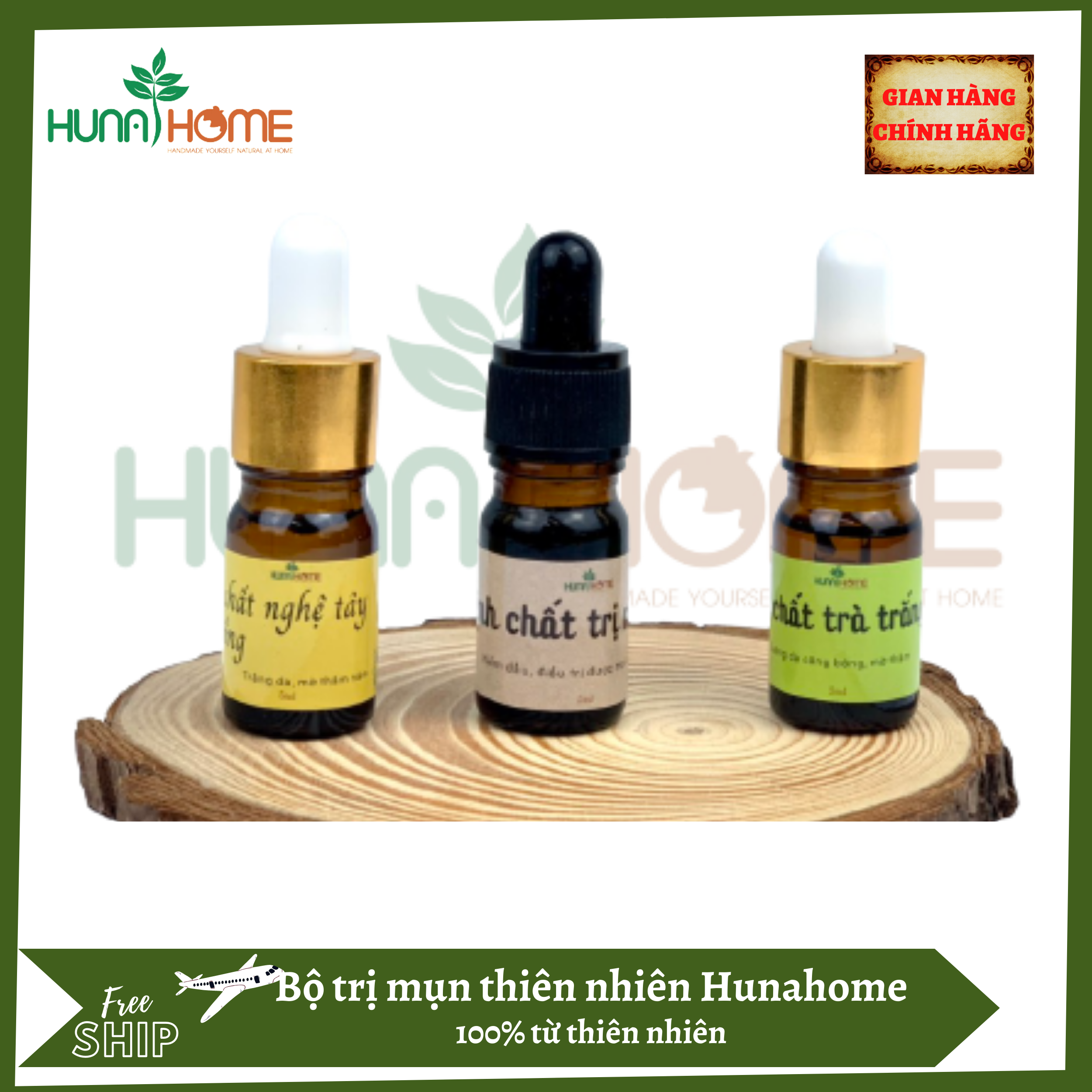 Bộ tinh chất trị mụn thiên nhiên Hunahome -tinh chất trị mụn, tinh chất trà trắng, tinh chất nghệ tây hoa hồng