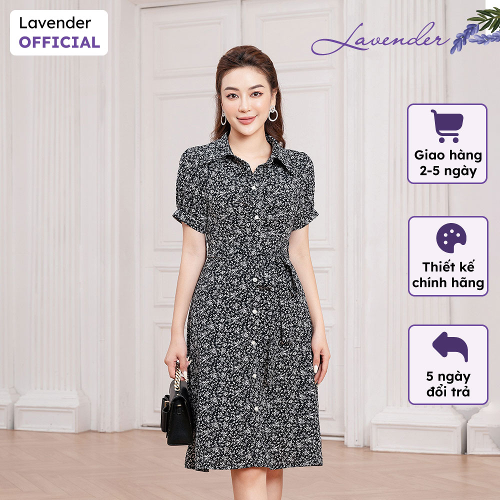 Đầm công sở thiết kế LAVENDER dáng xòe họa tiết hoa cổ sơ mi tay ngắn D2439