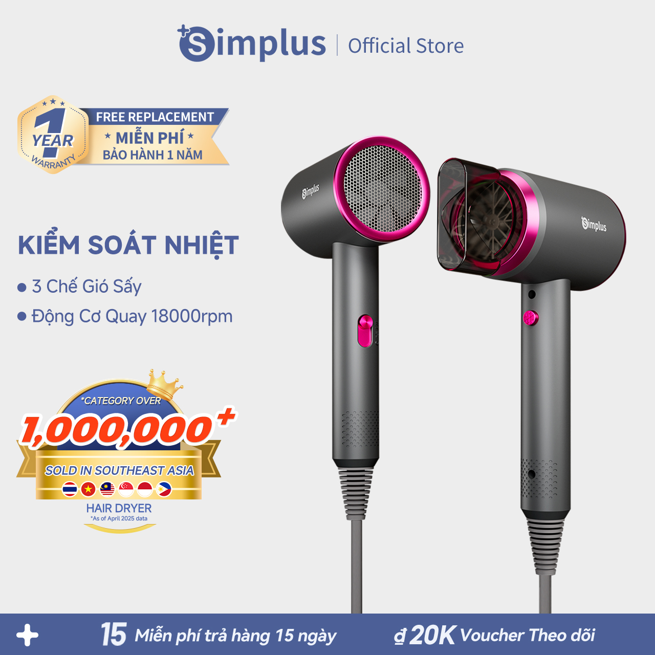  Simplus Máy Sấy Tóc Đa Năng 2 Kiểu Gió Nóng Lạnh 3 Tốc Độ Gió Nhỏ Gọn Tiện Lợi  220V Công Suất 1250W - CFJH001- Bảo hành 1 năm 1 đổi 1 