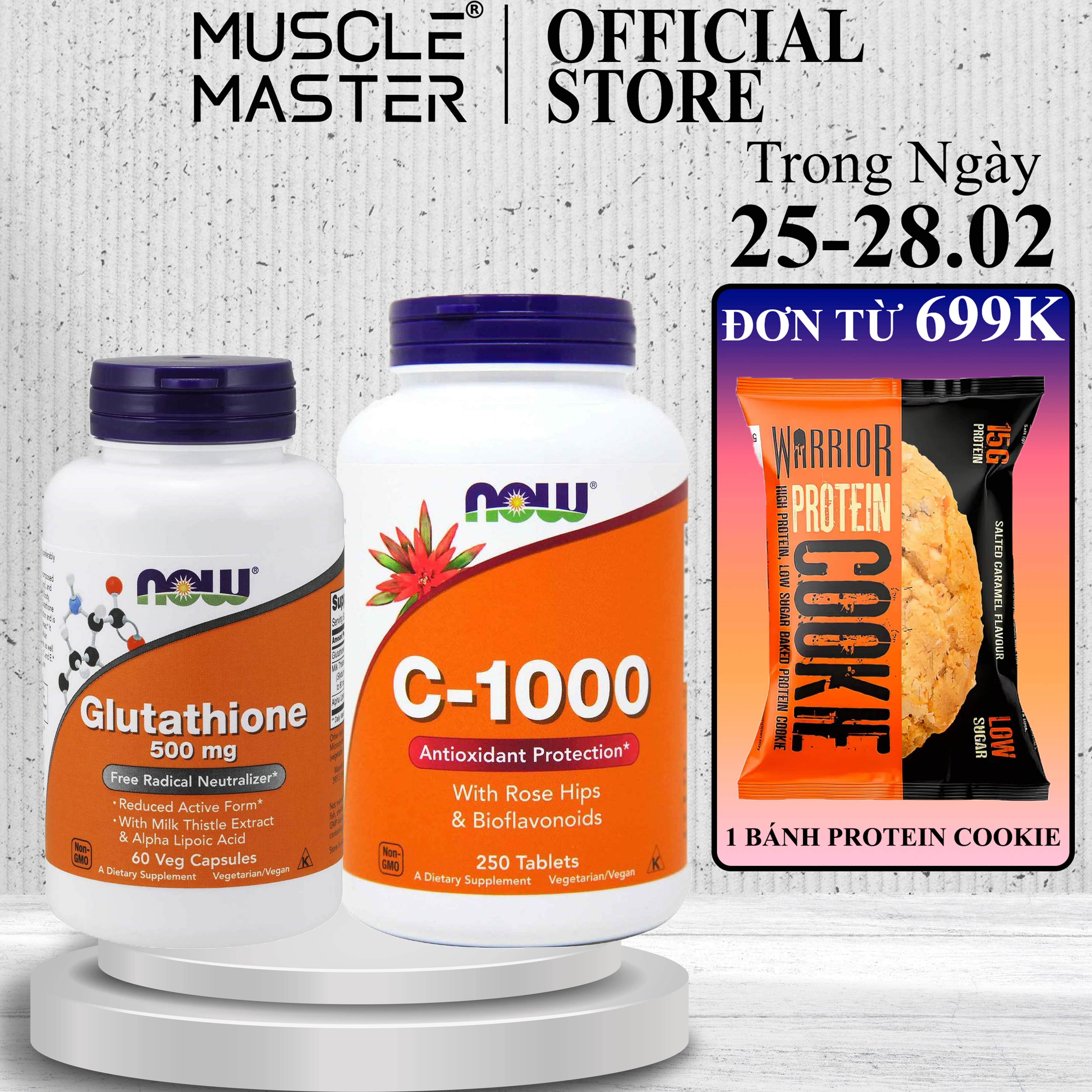 Combo trắng da, chống lão hoá, chống oxy hoá now glutathione + vitamin c usa