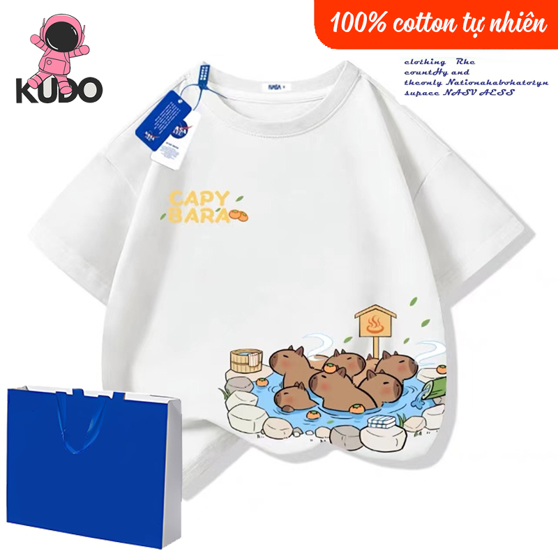 Áo thun cho bé KUDO size 10 - 40 kg họa tiết chuột lang nước capybara dễ thương chất vải 100% cotton tự nhiên co dãn 4 chiều, bst capybara 02