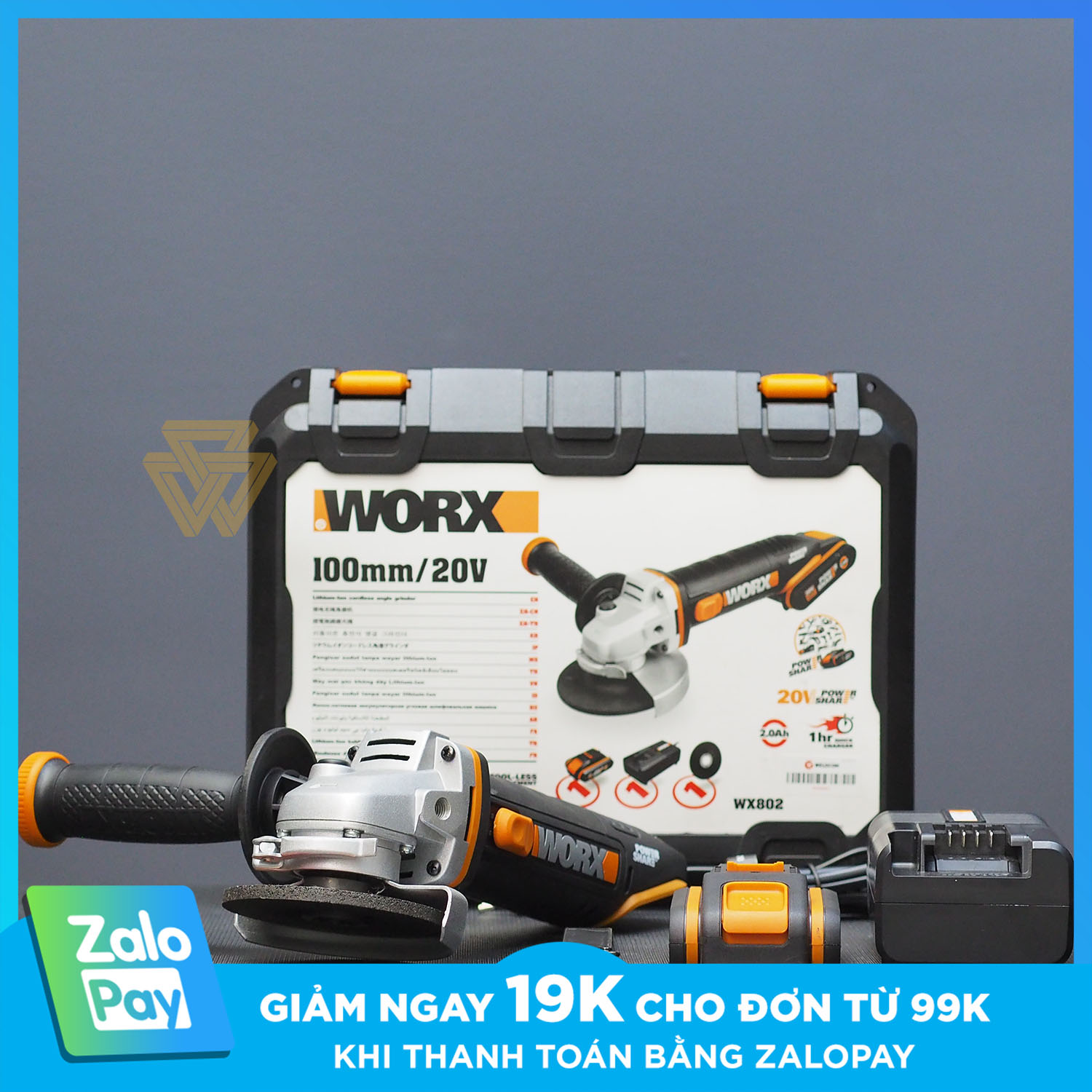 Bộ máy mài góc pin 20v 100mm worx orange wx802