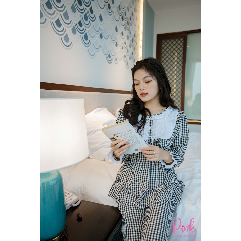 Bộ bộ nữ mặc nhà pyjama dài tay đồ ngủ kẻ karo đũi thô nhăn cao cấp cho mùa  thu đông