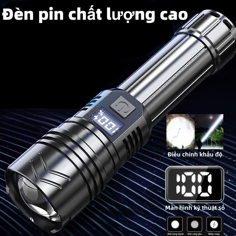 Super bright zoomable LED flashlight powerful torch zoomable power monitor led camping flashlight accurate display of USB rechargeable battery capacity 3 modes supper bright LED laser flashlight with emergency super bright bulb