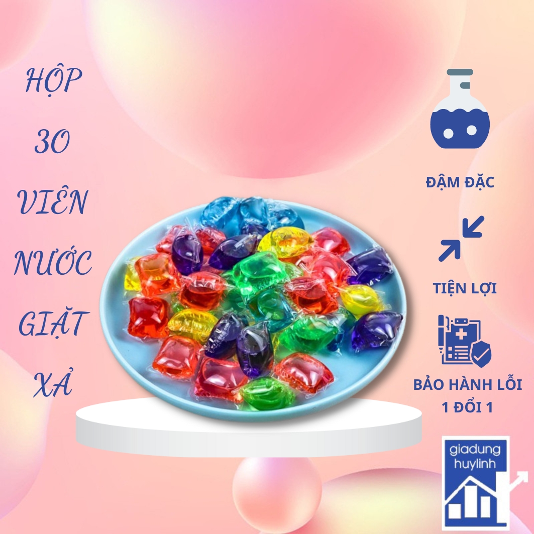 Hộp 30 viên nước giặt xả quần áo đậm đặc gấp 8 lần, Phao lọc cặn bẩn tích tụ trong lồng máy giặt hình bông hoa, Vệ sinh lồng giặt, Túi giặt tẩy quần áo đa năng, (VGX30), Huy Linh