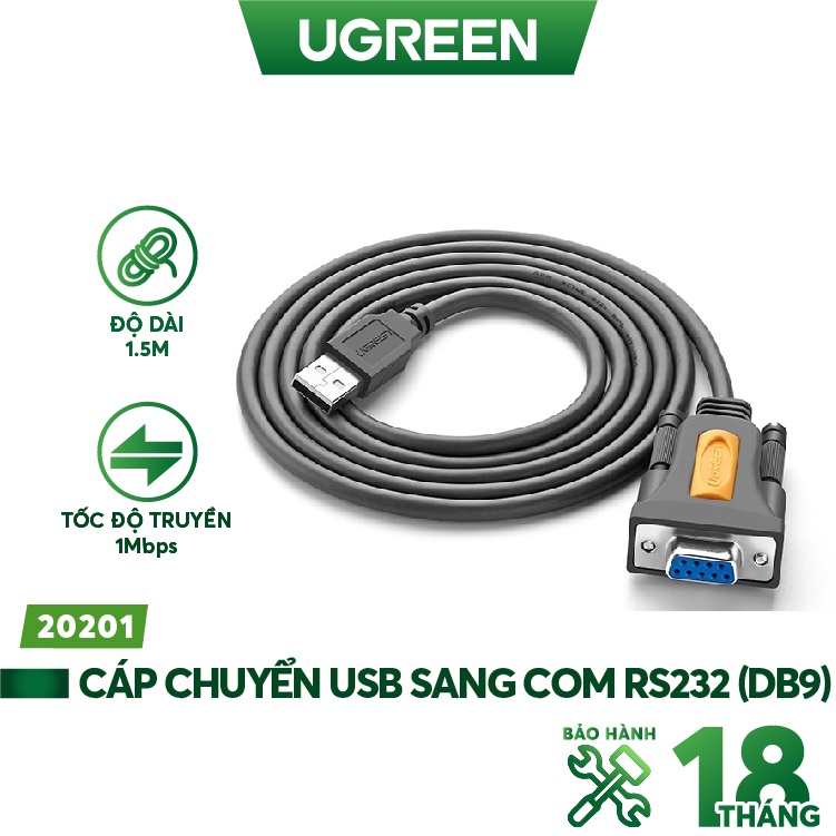Cáp chuyển đổi usb to com rs232 âm dài 1,5m ugreen 20201 cao cấp