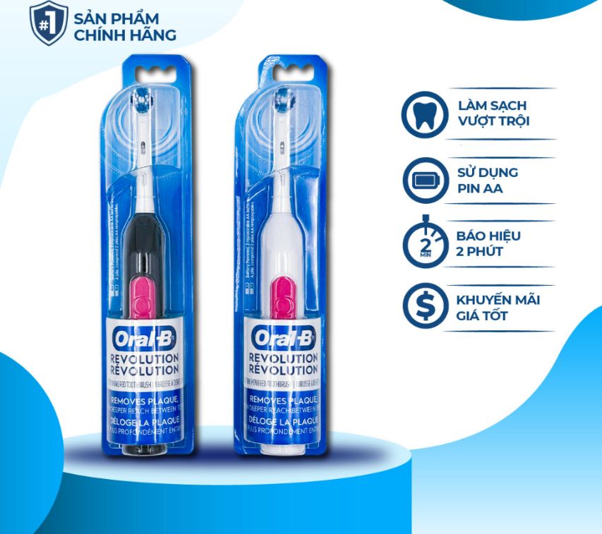 Bàn chải pin oral-b revolution - dùng pin aa, màu trắng & đen, bàn chải điện dùng pin oral b braun