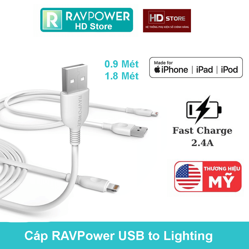 Cáp sạc ravpower lightning usb iphone mfi rp-lc010 sạc iphone 6 7 8 plus x xr xs max 11 12 13 pro max