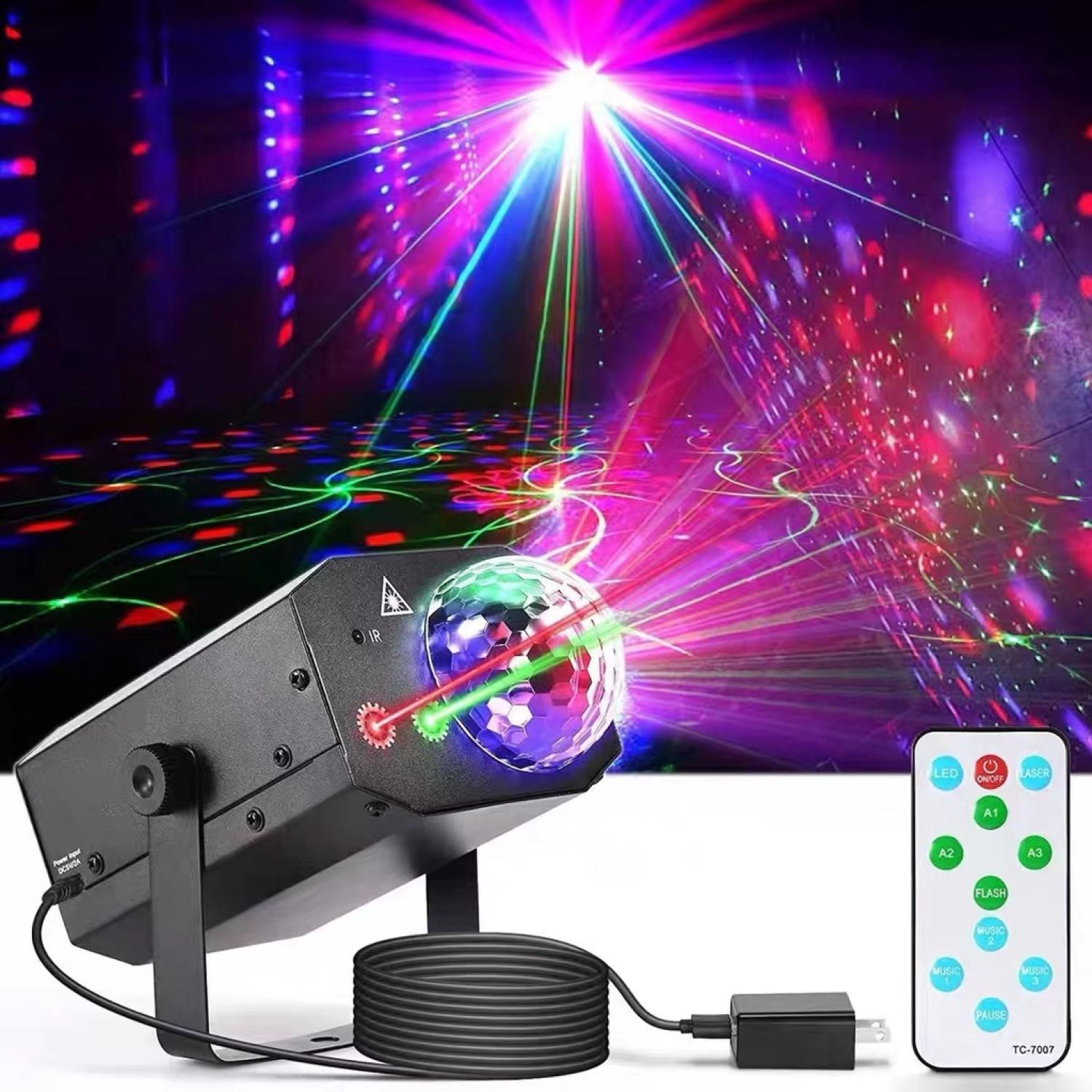 Đèn LED nháy theo nhạc kết hợp laser flash có điều khiển - đèn phòng bay chiếu ánh sáng laser