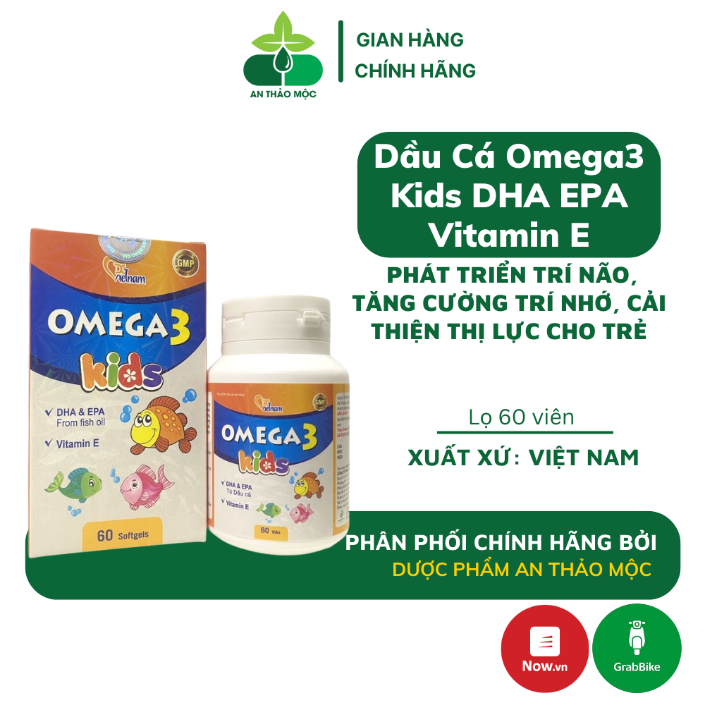 Dầu cá Omega3 Kids DHA EPA Vitamin E phát triển trí não tăng cường trí nhớ cải thiện thị lực lọ 60v
