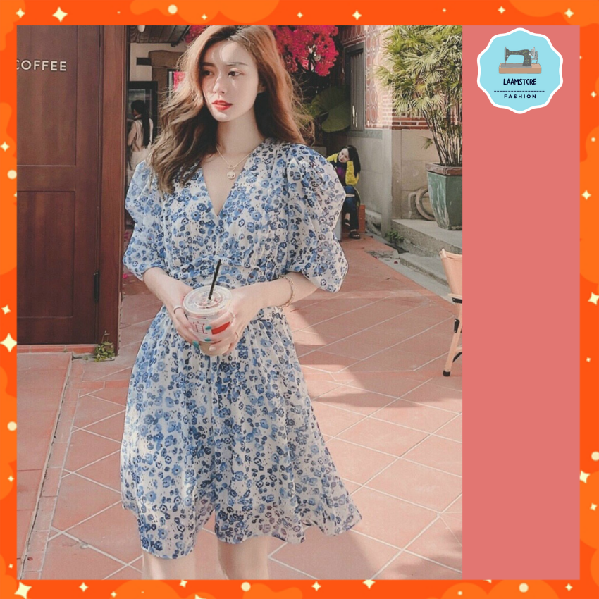 Đầm nữ đẹp dáng váy xòe, váy mango lụa mềm mát cổ tim tay phồng