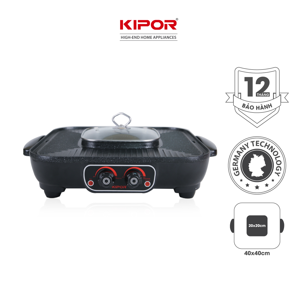 Bếp lẩu nướng điện không khói kipor kp-hg4020 - lẩu, nướng đồng thời điều chỉnh nhiệt độc lập - chống dính whitford cao cấp - bảo hành tại nhà 12 tháng