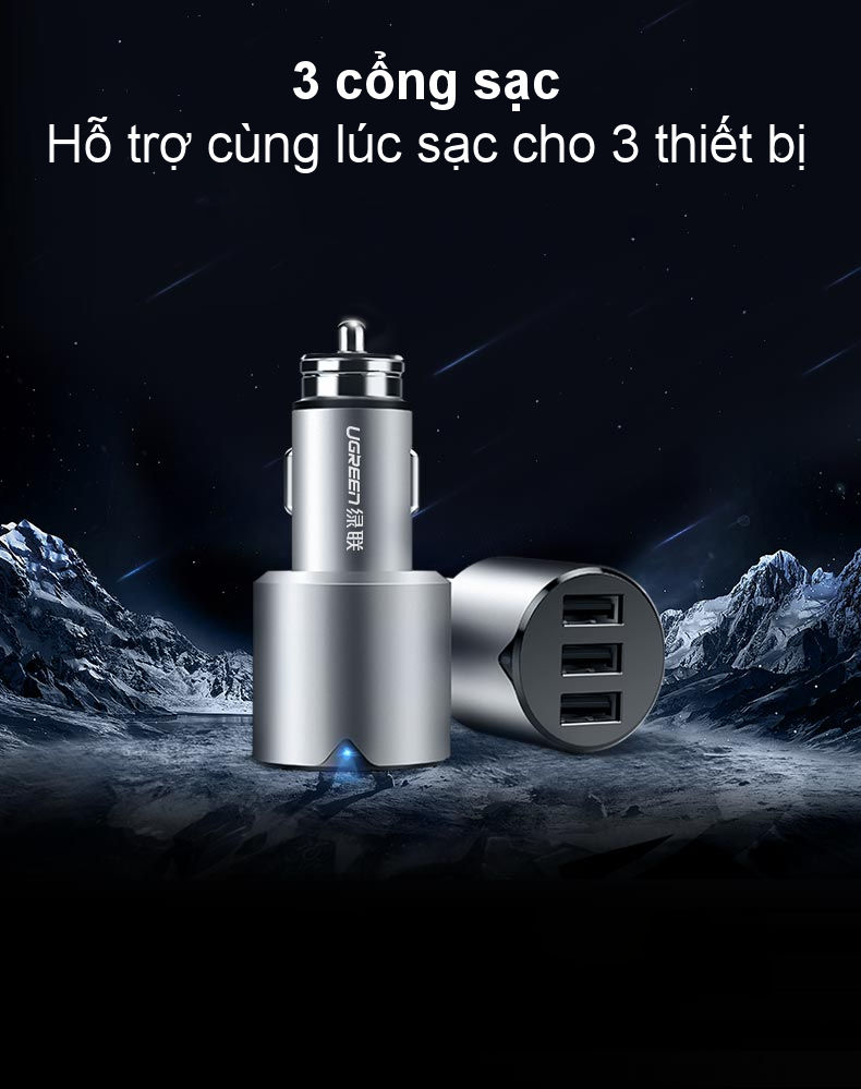 Sạc điện thoại hỗ trợ 3 cổng USB 2.0 trên xe hơi, dòng tối đa 2.4A UGREEN CD165 40733 Sạc điện thoại hỗ trợ 3 cổng USB 2.0 trên xe hơi, dòng tối đa 2.4A UGREEN CD165 40733
