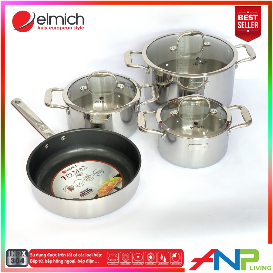 Bộ Nồi Chảo Inox 304 Đáy Liền 3 Lớp ELMICH Trimax-XS Nồi Size18/20/24 & Chảo26cm EL3744