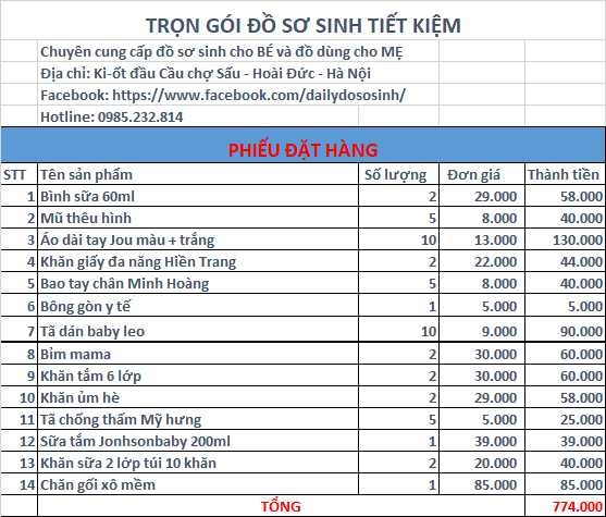 Combo đồ dùng sơ sinh cho mom đinh hoàng hoài 774k