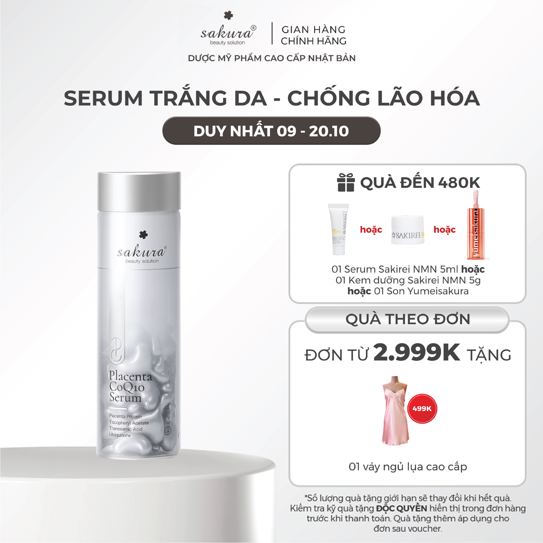 Serum dưỡng trắng da ngăn ngừa lão hóa Sakura Placenta COQ10 40 viên