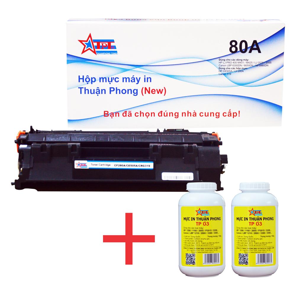 Combo hộp mực thuận phong 80a / 05a + 2 lọ mực đổ tp03 dùng cho máy in hp m401/ m425/ p2035/ p2055 / canon lbp 251/ 6300/ mf411/ 5980
