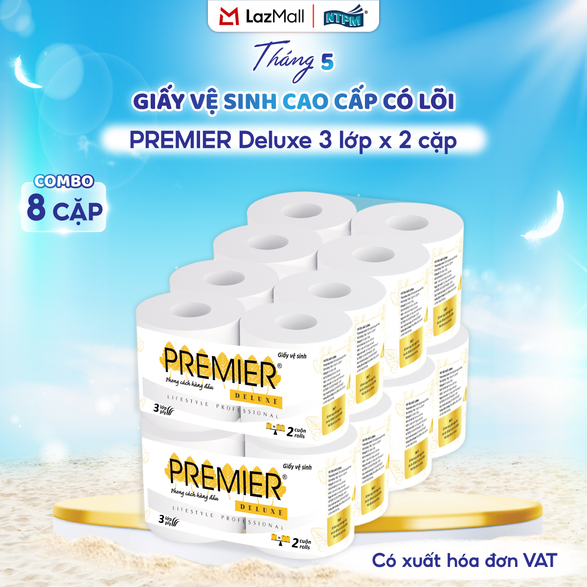 [COMBO 8 CẶP - 16 CUỘN] Giấy vệ sinh cao cấp PREMIER Deluxe có lõi, 3 lớp - 100% bột giấy nguyên sinh, không chất tẩy, 2 cuộn/cặp – Chính hãng