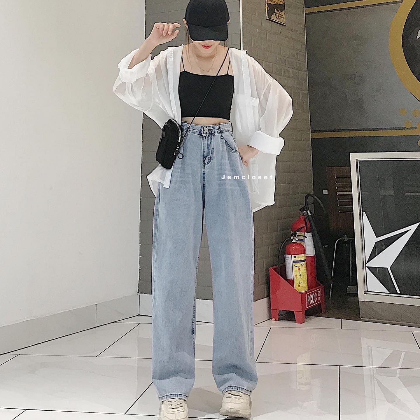 Set baggy jeans ống suông móc eo + sơ mi cặp tay dài