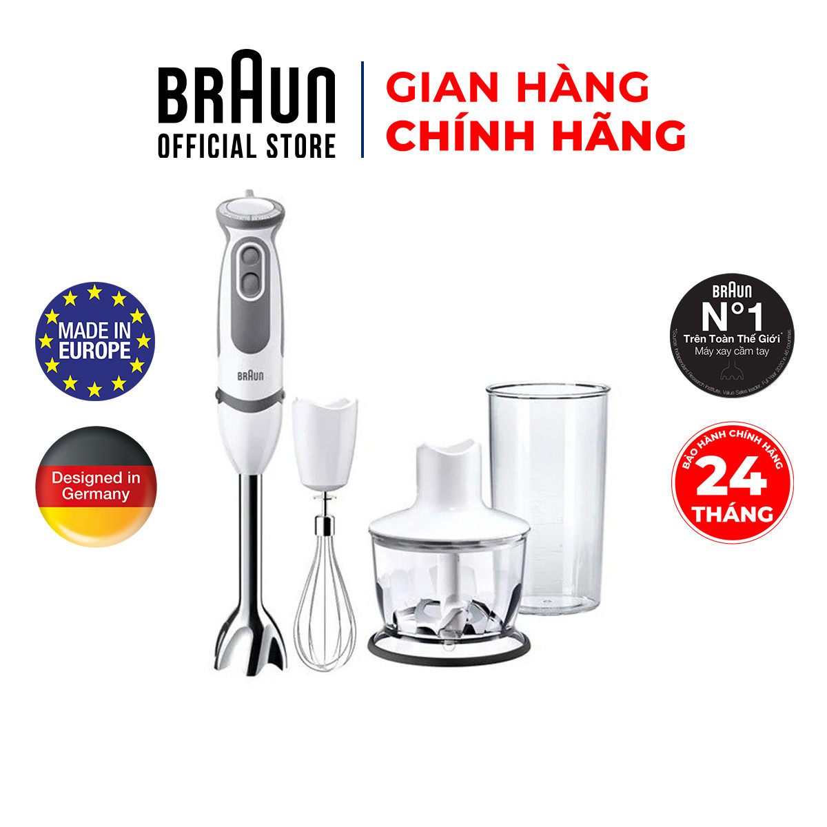 Máy xay cầm tay  Braun MQ5235 - Sản xuất 100% tại Châu Âu, Công suất 1000w, chống văng độc quyền, xay nhanh, xay thức ăn dặm cho bé, phụ kiện đa dạng Bảo hành 24 tháng, đổi trả 15 ngày, dịch vụ chu đáo