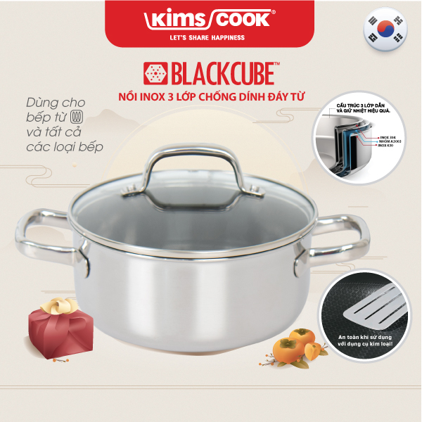 Nồi Black Cube inox 3 lớp nắp kính chống dính Kims Cook