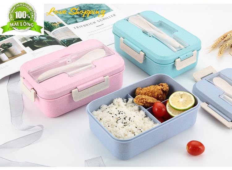 Hộp cơm lúa mạch, hộp cơm văn phòng, hộp cơm đa năng 3 ngăn tặng kèm thìa đũa