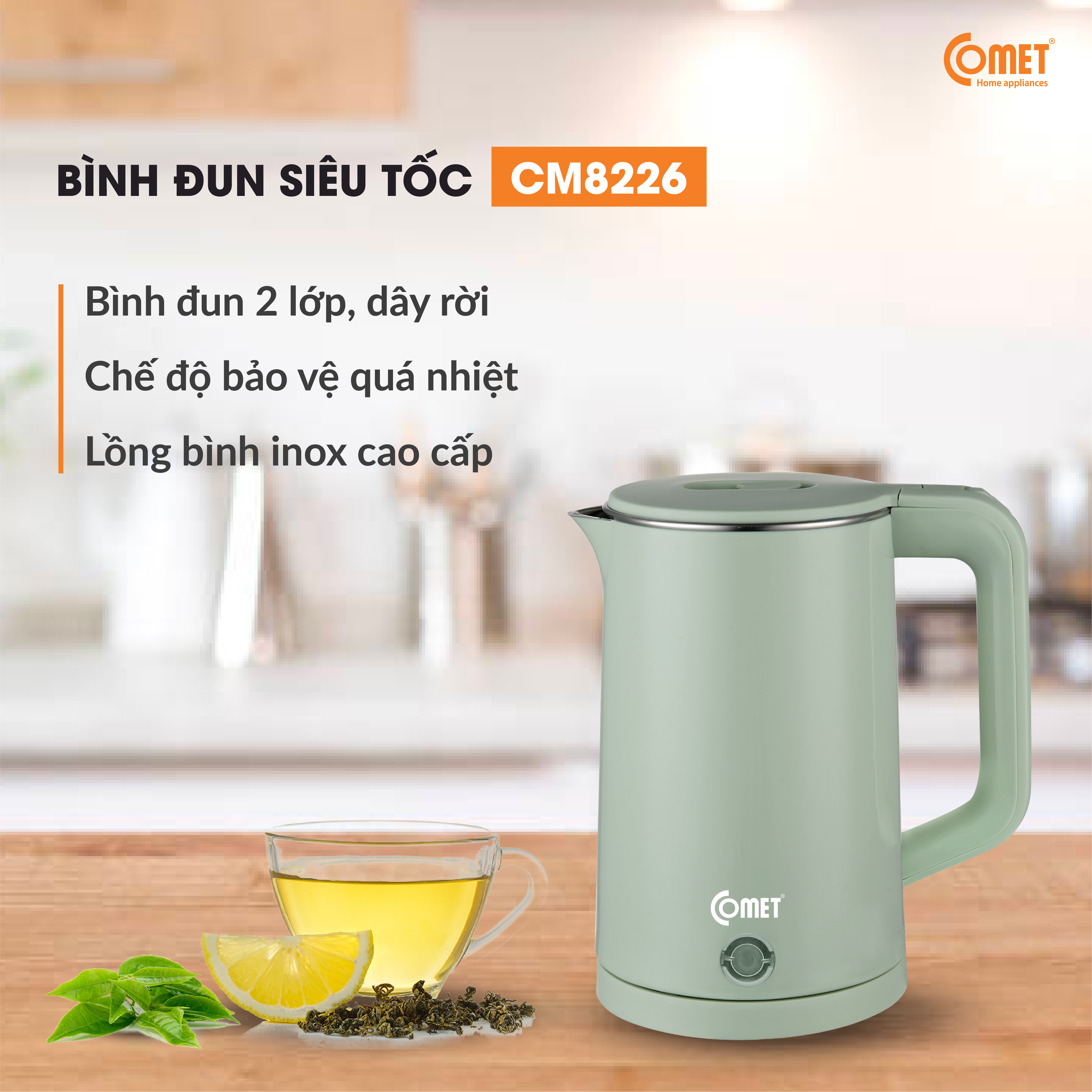 Bình đun siêu tốc 2 lớp cách nhiệt 1.8L COMET CM8226, công suất 1500W, dây nguồn rời lõi đồng an toàn sử dụng, chế độ ngắt điện tự động - Hàng chính hãng - Bảo hành 12 tháng