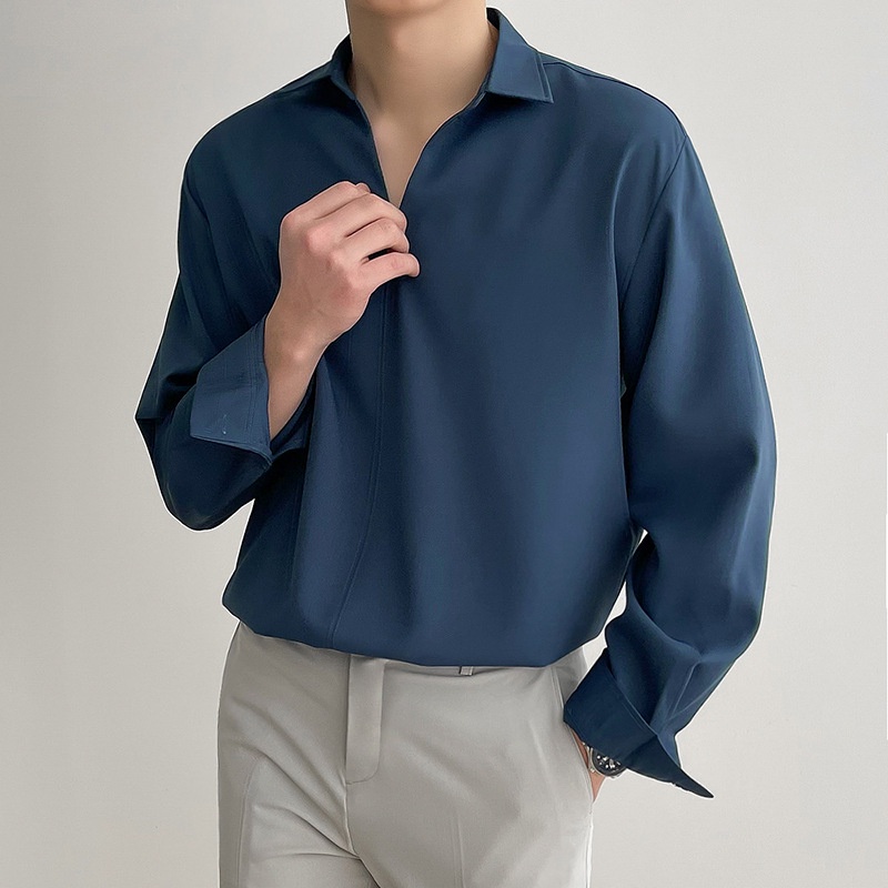 Áo sơ mi nam form rộng giấu cúc cổ V kiểu Hàn Quốc dài tay unisex, Áo sơ mi trắng vải lụa chống nhăn VINTINO SMV