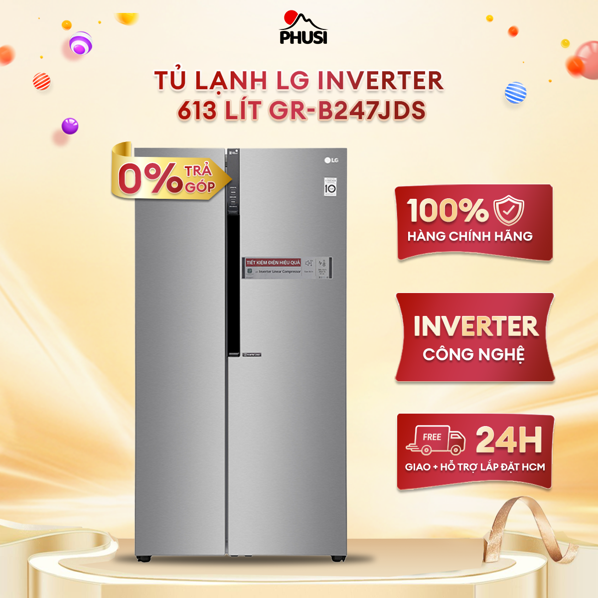 [HCM][Trả góp 0%] Tủ Lạnh LG Inverter 613 lít GR-B247JDS - Công nghệ Inverter vận hành êm ái tiết kiệm điện năng Thiết kế ngăn rau củ rộng chứa được nhiều rau củ hơn Hệ thống đèn LED tăng tuổi thọ tiết kiệm năng lượng