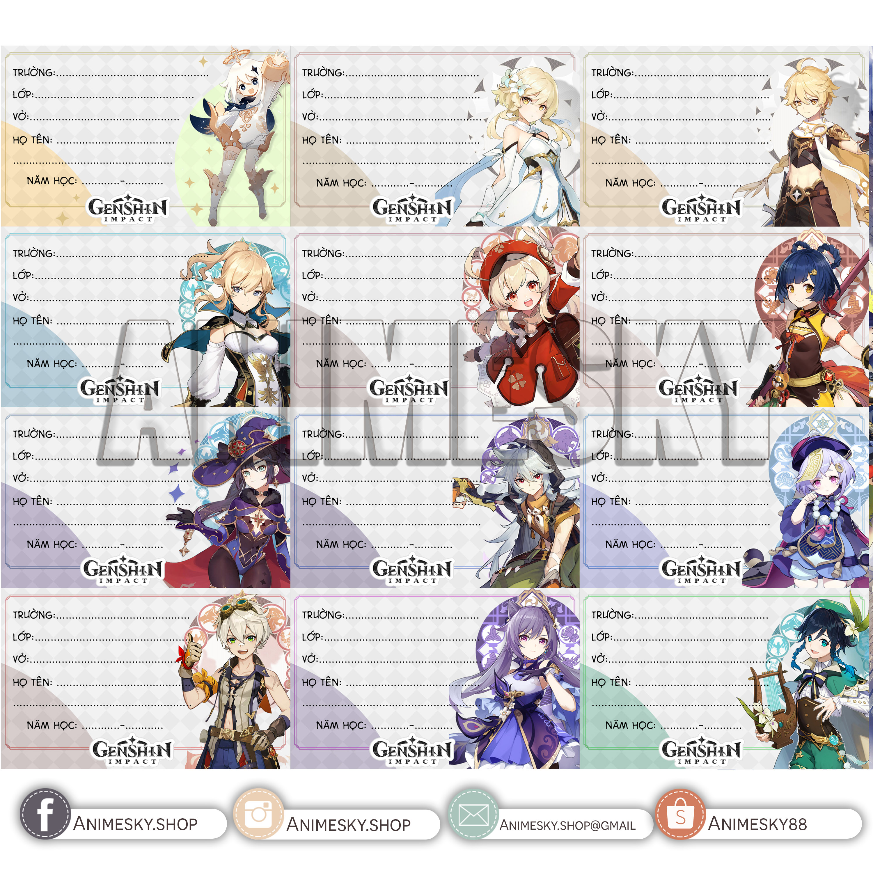 Nhãn vở game Genshin Impact 1 bộ 12 mẫu