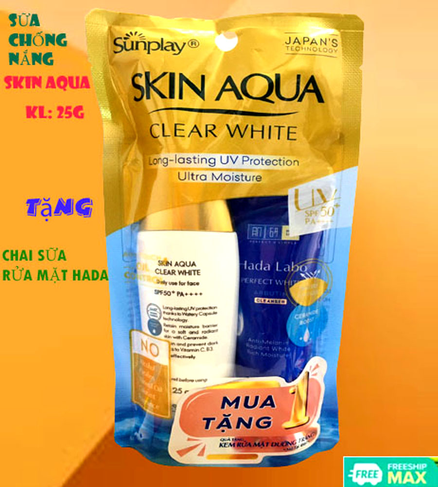 Sữa Chống Nắng Dưỡng Da Trắng Mịn - Sunplay Skin Aqua Clear White 25g, SPF50, Kiềm dầu, Không cồn TẶNG chai Sữa rửa mặt Hada