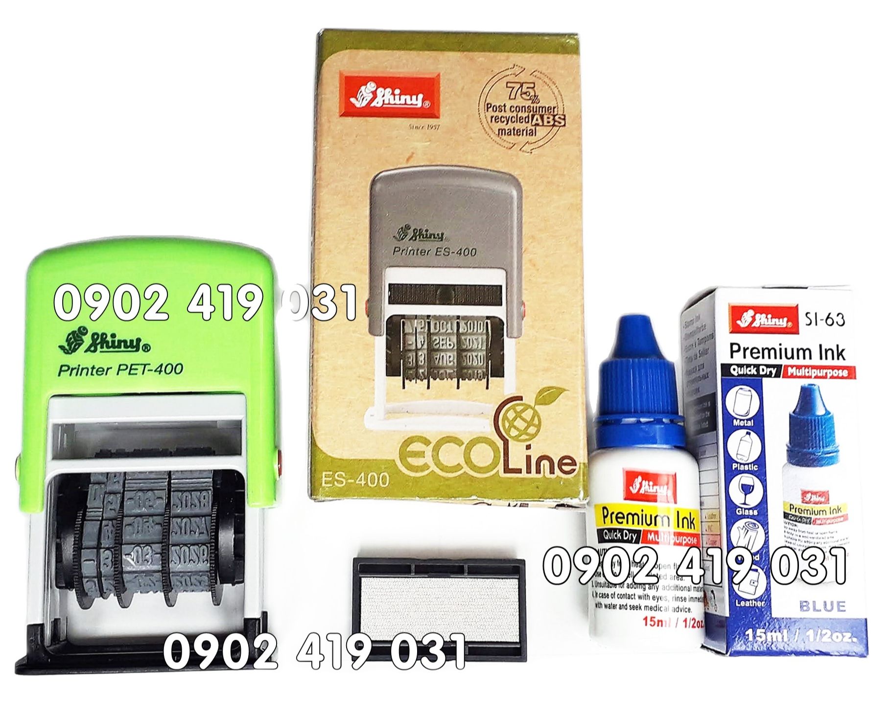 Dấu Ngày Tháng Đóng Bao Bì Shiny PET-400 gồm Tampon Dry, Mực Chuyên Dụng