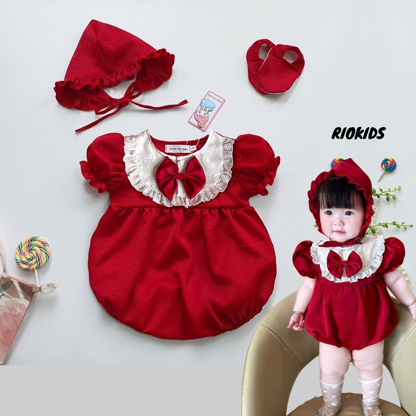 BD3 Bodysuit đỏ cộc tay Riokids {TẶNG NÓN +GIÀY VẢI} cho bé gái sơ sinh đến 13kg diện đi chơi, thôi nôi, đầy tháng siêu xinh