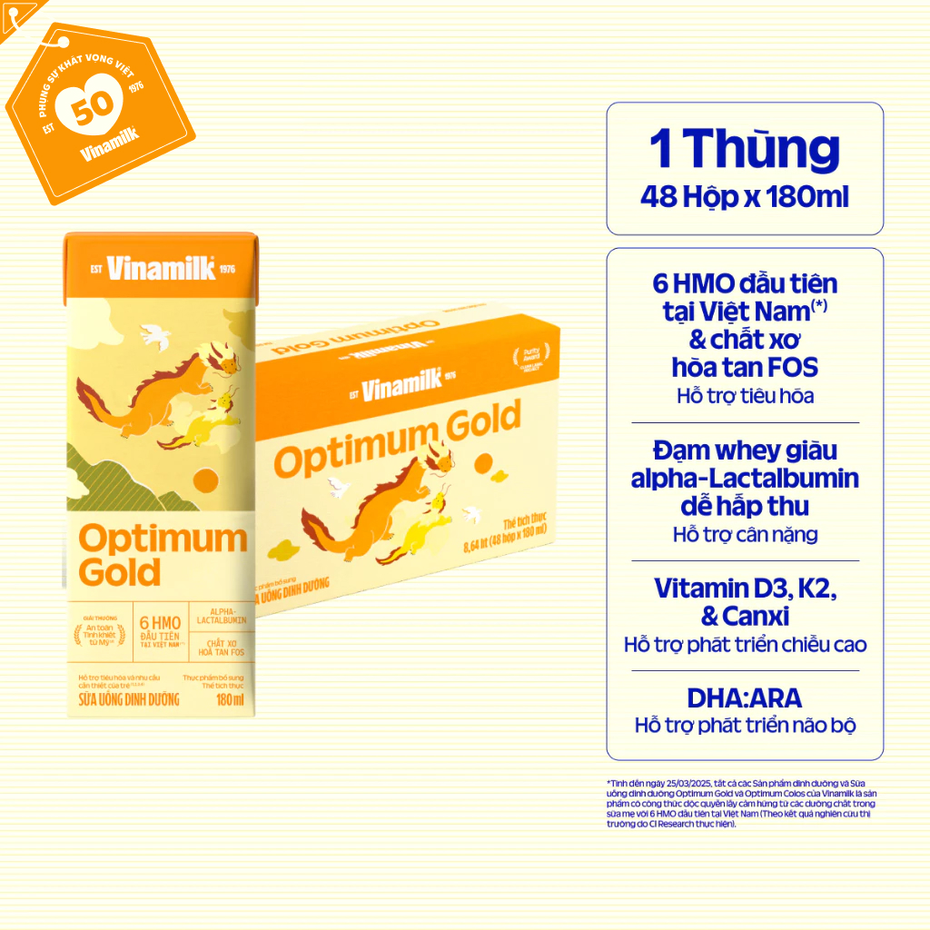 Thùng 48 hộp sữa bột pha sẵn Vinamilk Optimum Gold 180ml - Sữa nước hỗ trợ phát triển toàn diện, chất lượng quốc tế (Sữa dành cho trẻ em trên 1 tuổi)