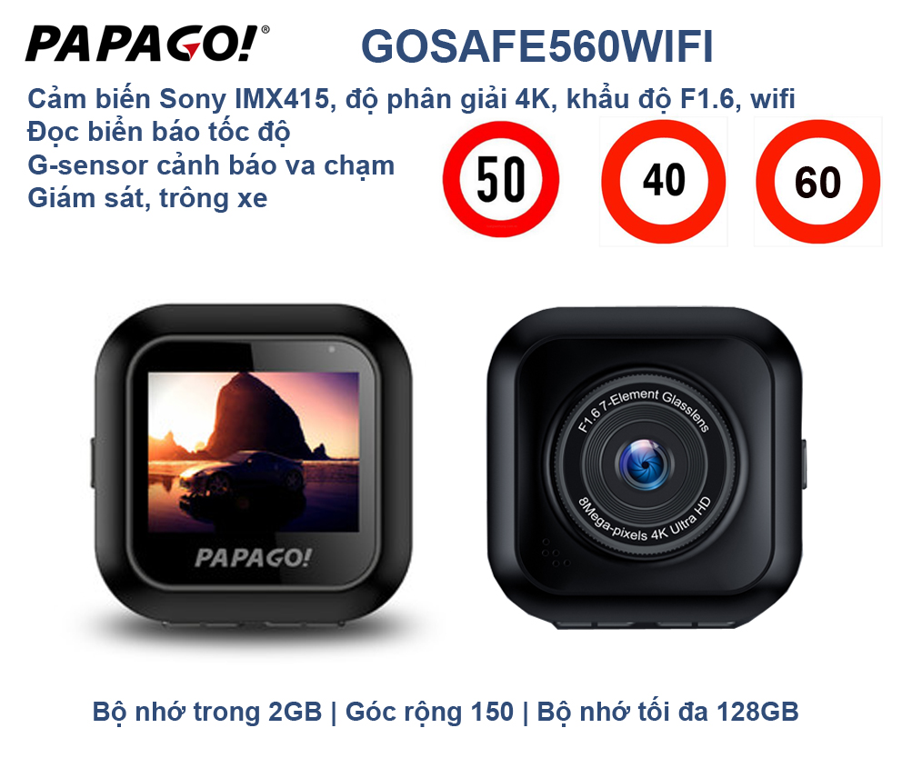 Camera hành trình cao cấp Papago Gosafe 560 4K, WiFi, đọc biển báo tốc độ, cảnh báo va chạm, parking mode...tặng thẻ nhớ 32GB, đầu đọc thẻ, tẩu sạc oto...