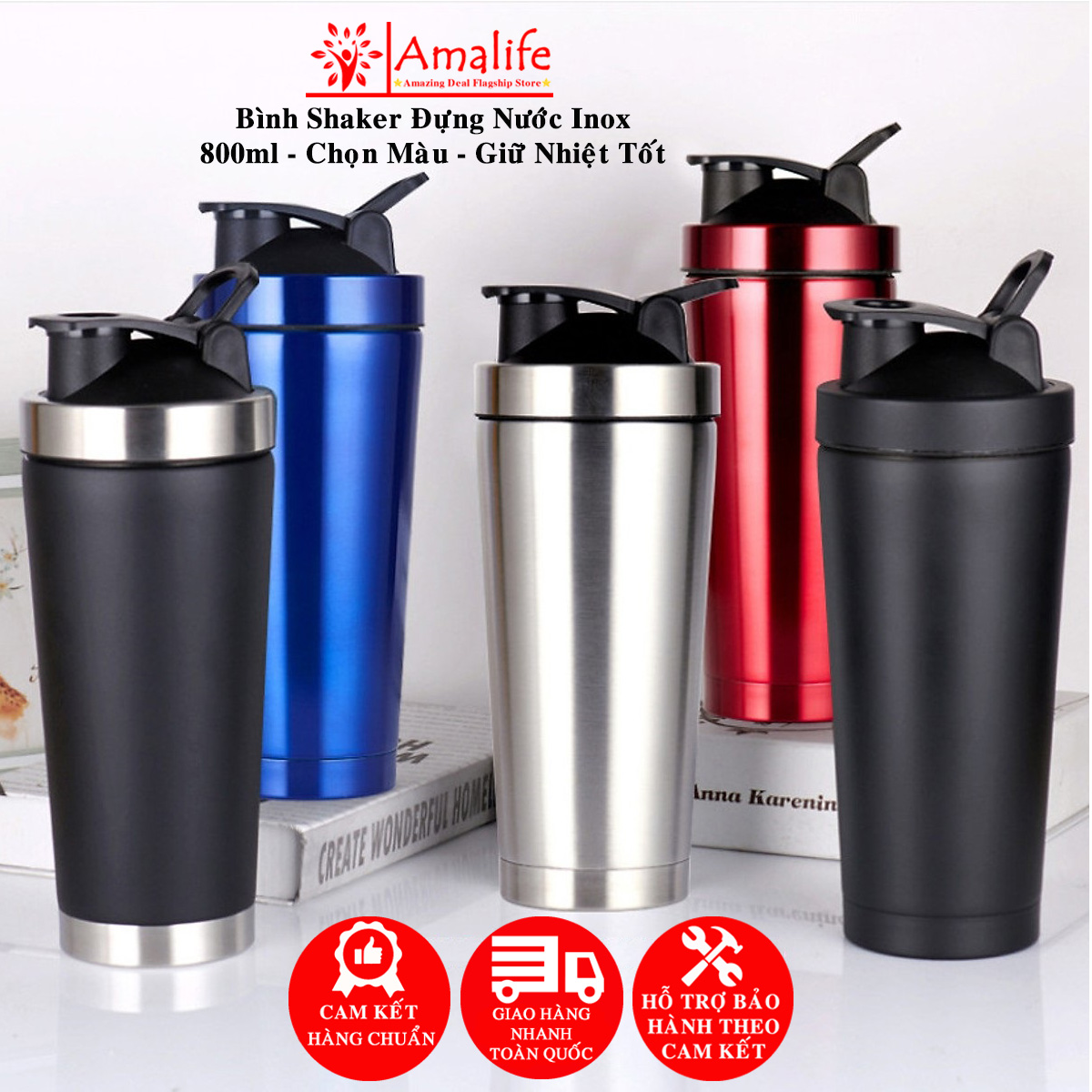 Bình Lắc Shaker Inox, Bình Đựng Nước Tập Gym, Du Lịch – Kèm Bóng Lò Xo Lắc