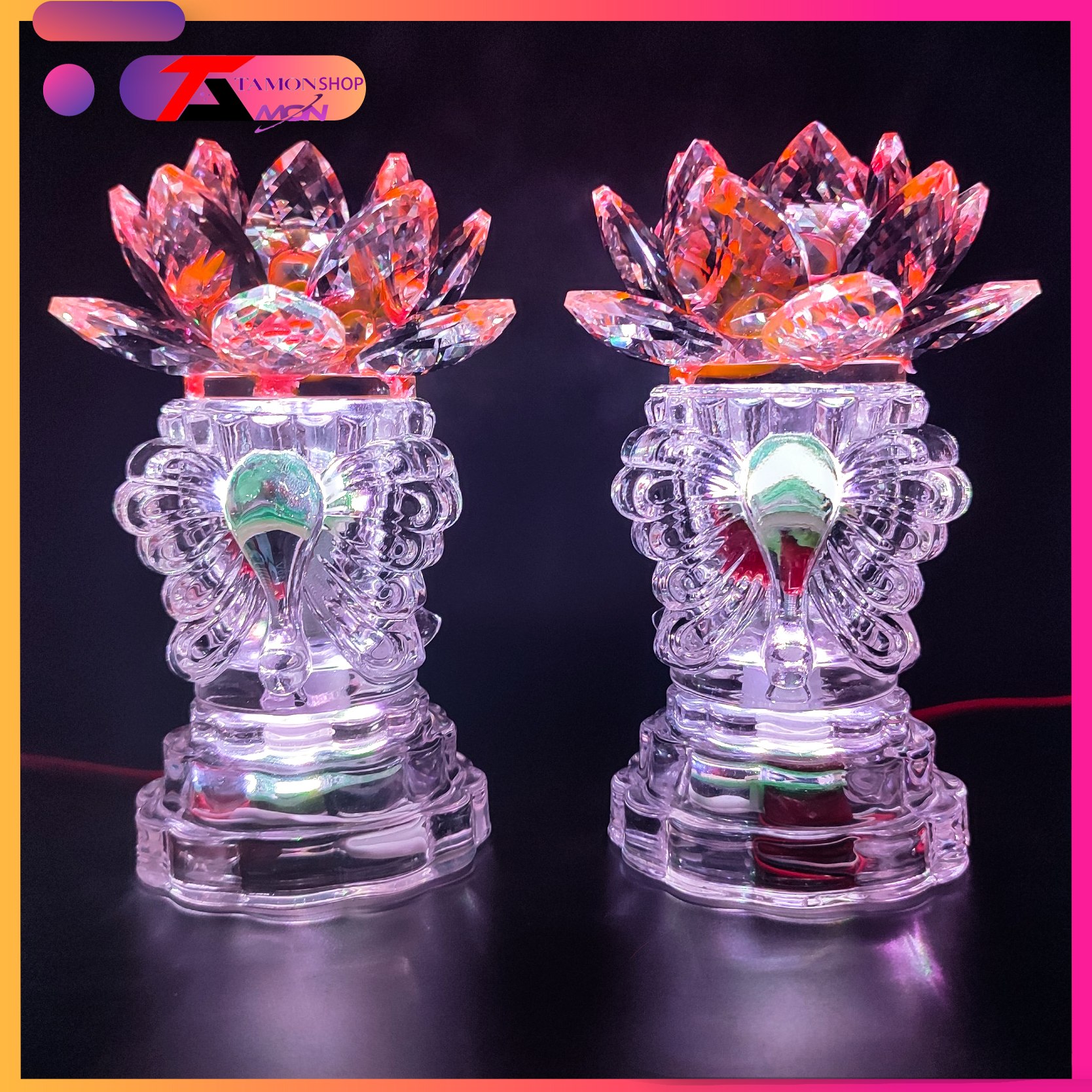 Cặp đèn thờ pha lê cầu hoa sen dưới chân có Thiên Nga sáng từ chân đến gọn đèn, đèn thờ gia tiên, trang trí tủ thờ quan âm, phật tổ