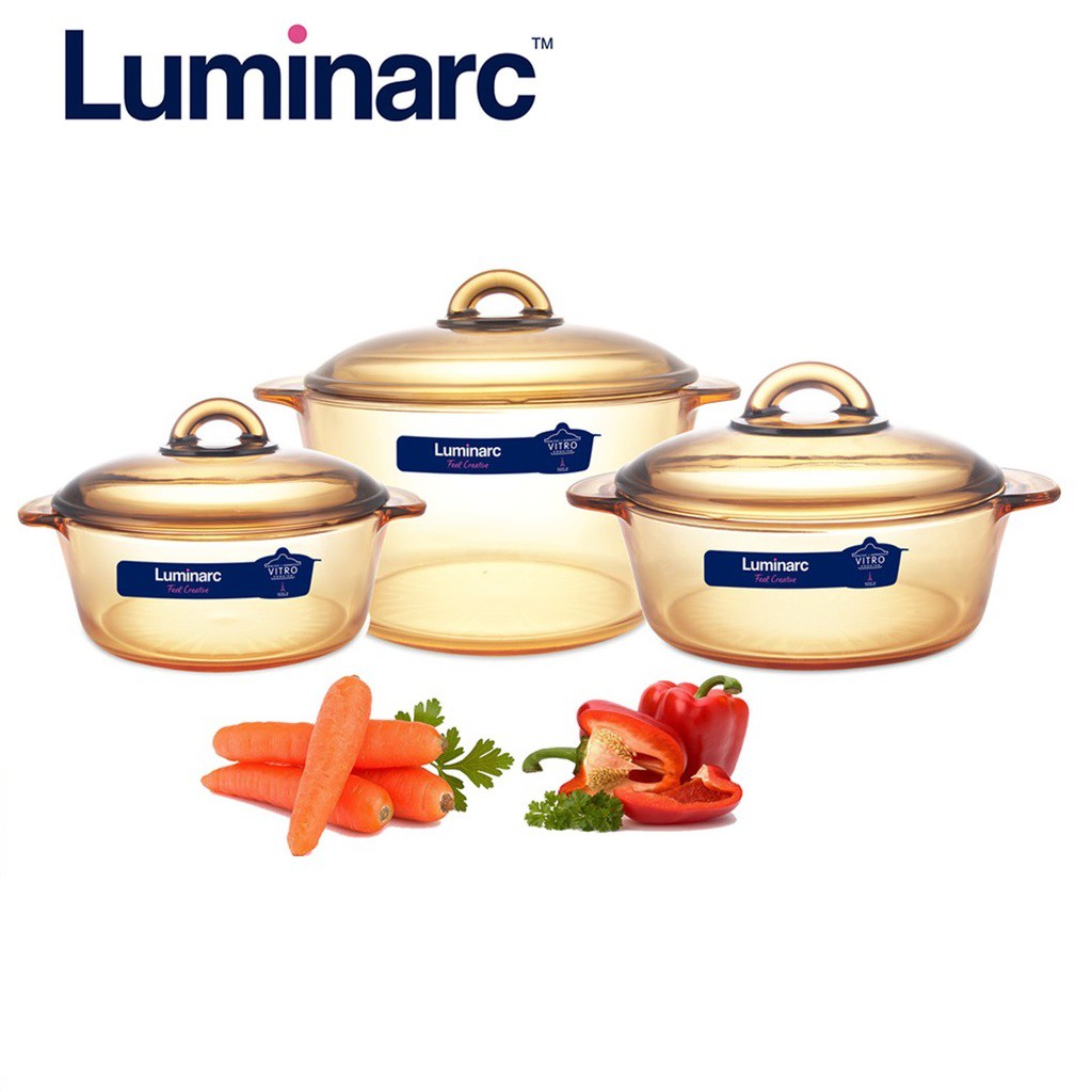 Bộ 3 nồi thủy tinh Luminarc Amberline đáy hoa văn 1523 - Sản xuất tại Pháp