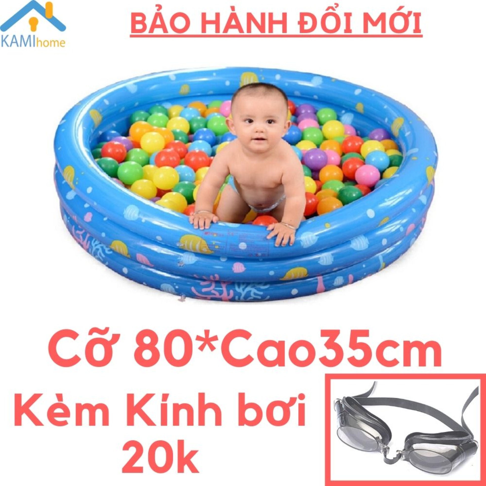 Bể bơi hồ bơi phao bơm hơi Tròn 80 Cao35cm Kèm Kính bơi cho trẻ em bé Nhà
