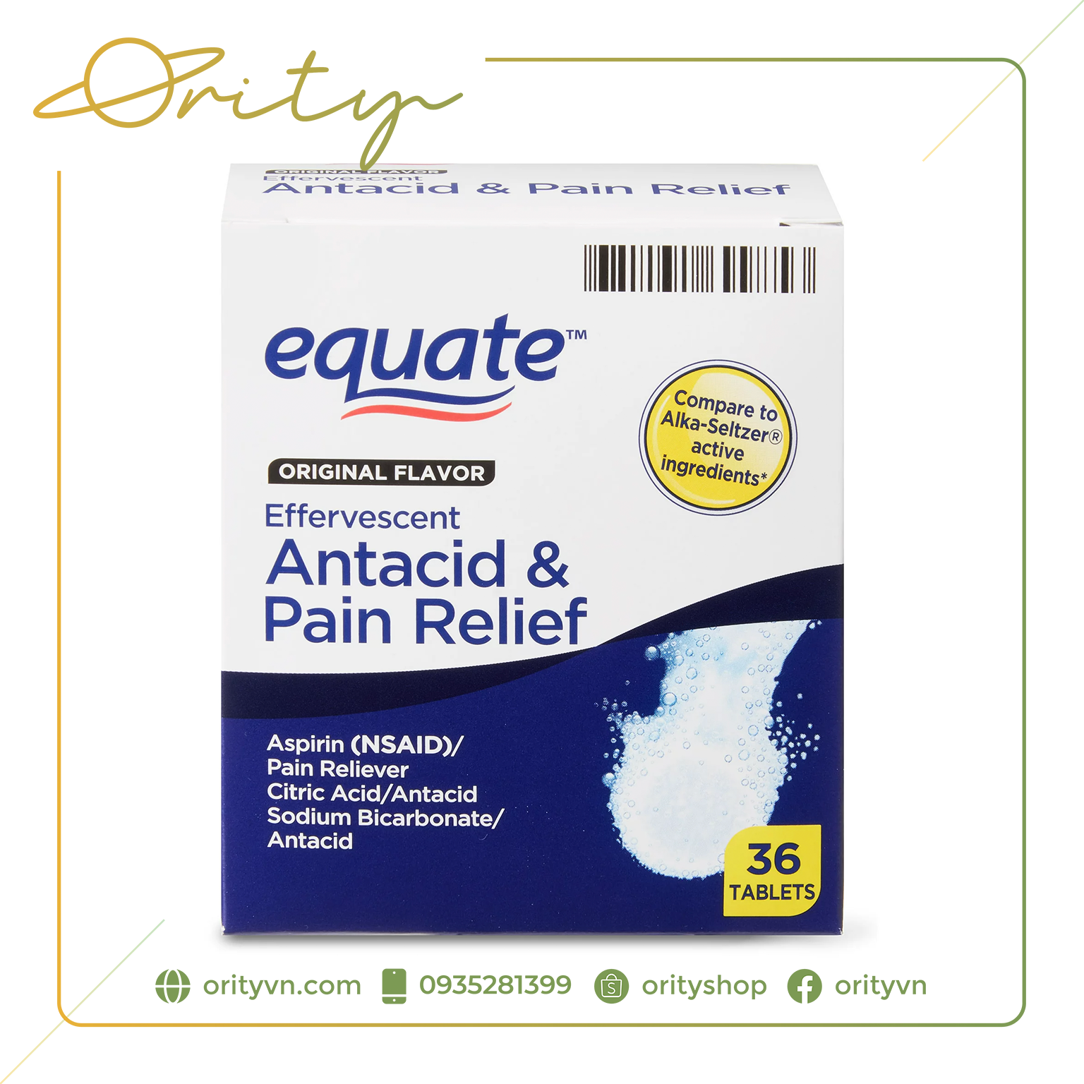 [Chính Hãng] Viên uống giảm đau Equate Effervescent Antacid & Pain Relief - 36 viên