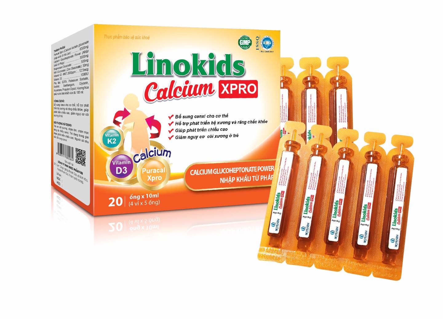 Ống uống Linokids Calcium Xpro - Bổ sung canxi, giúp xương chắc khỏe
