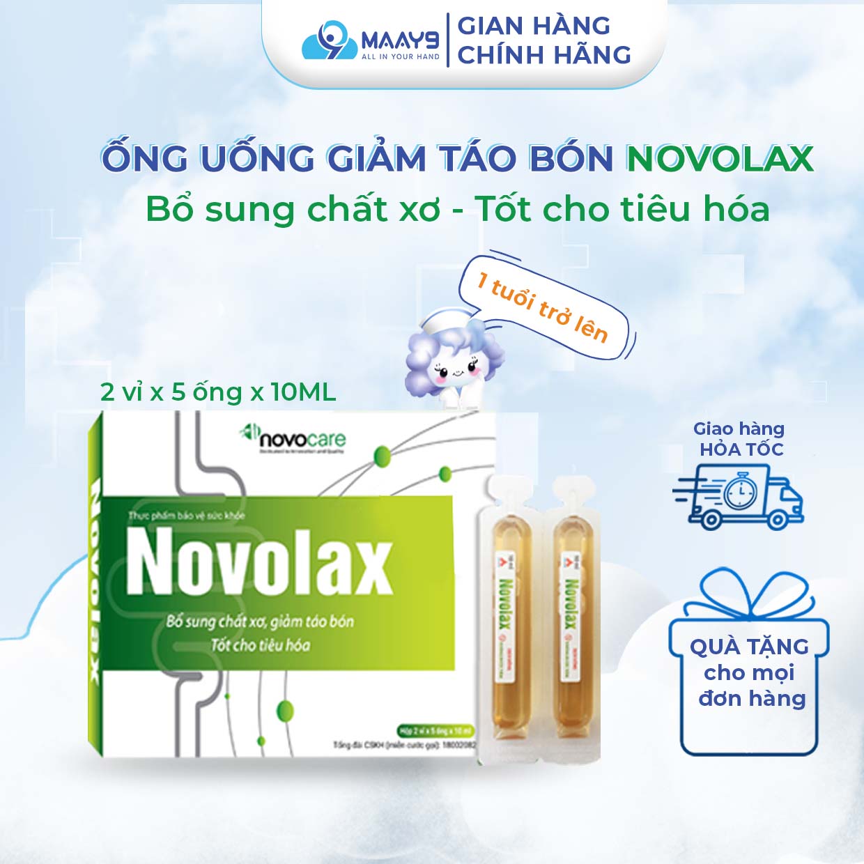 Ống uống giảm táo bón Novocare Novolax bổ sung chất xơ, hỗ trợ nhuận tràng