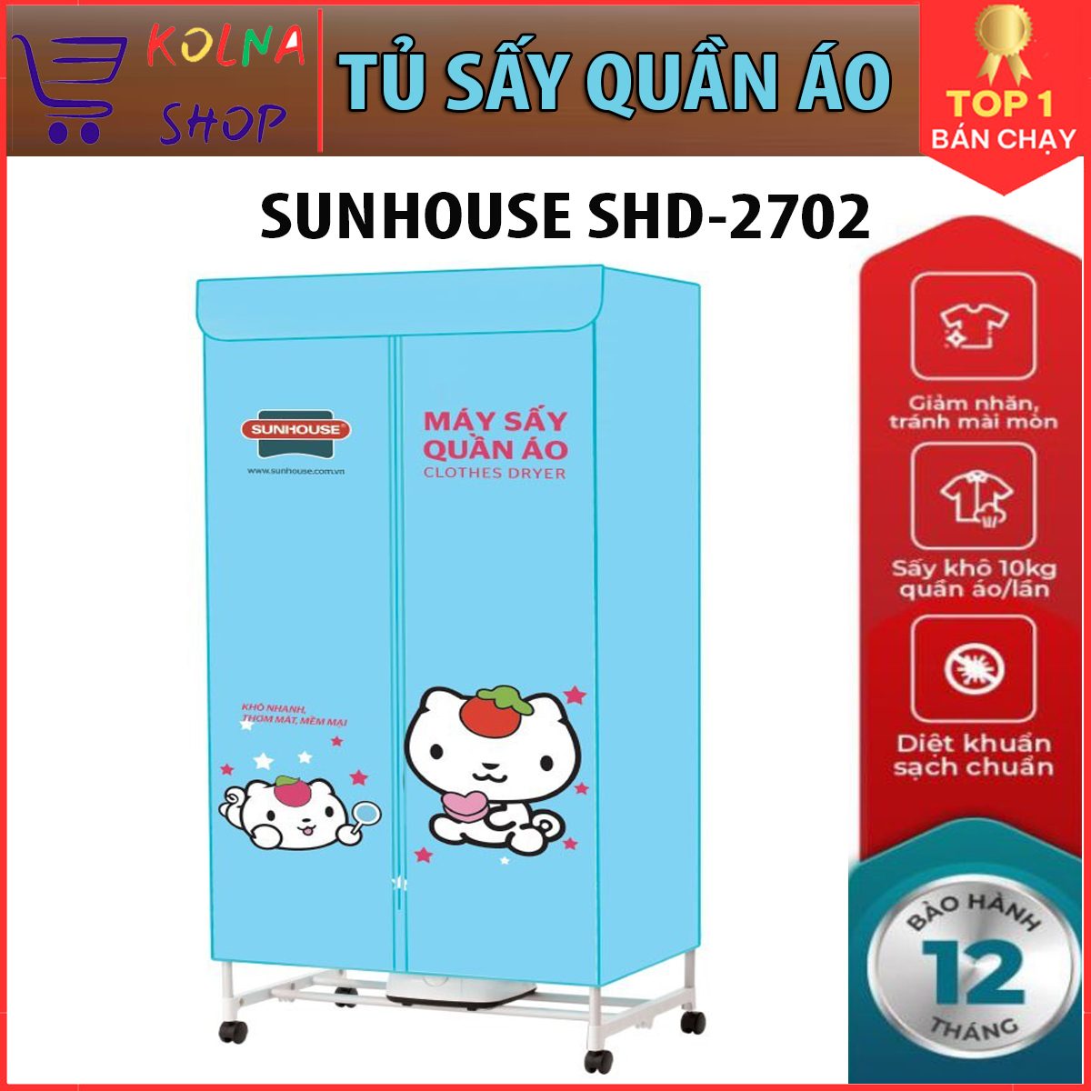 Máy Sấy Quần Áo Tủ sấy quần áo Sunhouse SHD2702 công suất 1000W Sấy khô nhanh khử khuẩn khử mùi an toàn cho sức khỏe