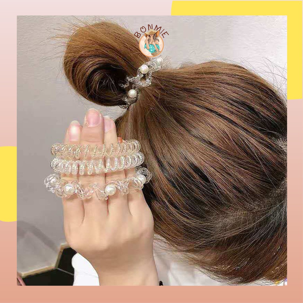 Dây cột tóc lò xo trong suốt co giãn nhiều màu ánh nhũ hạt châu cao cấp cho nữ; S19 - BONMIE