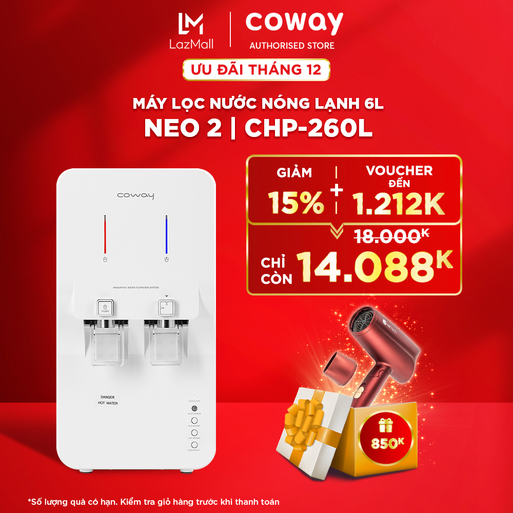 | Voucher đến 1212k | Freeship | Máy lọc nước Nóng Lạnh Coway Neo 2 CHP-260L | Tự lọc nước uống gia đình, làm nước nóng lạnh, khóa trẻ em, tiết kiệm điện