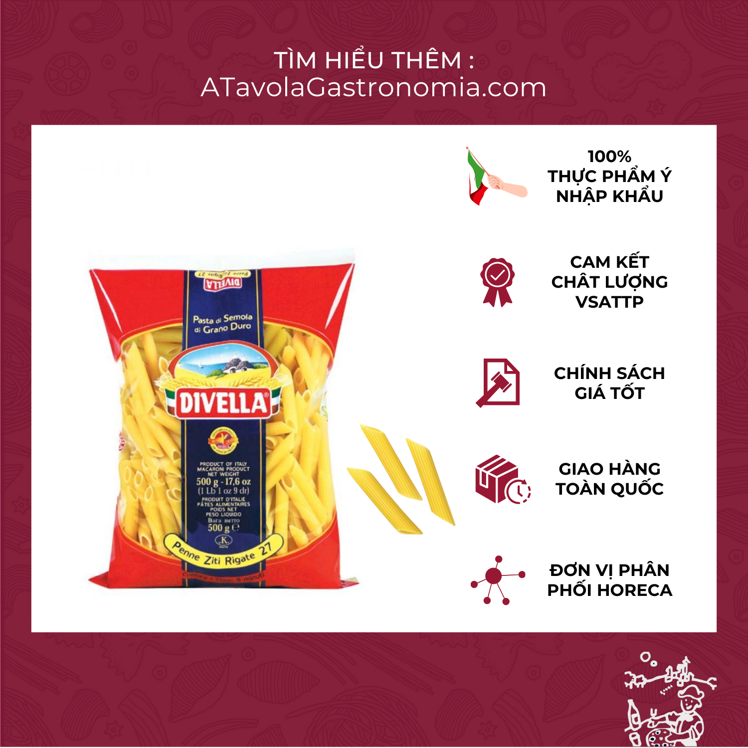 Mì Ý Nui Penne Ziti Rigate ống DIVELLA gói 500g [Mỳ Ý Pasta Chính Hãng]