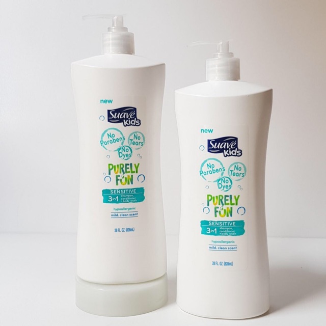 Dầu tắm + gội + xả suave kids 3in1 – purely fun sensitive, 828ml