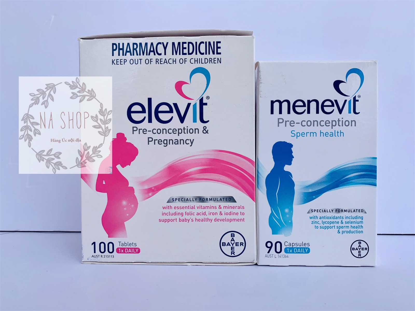 Combo 1 vitamin bầu Elevit 100 viên cho nữ & 1 Menevit 90 viên cho nam giúp dễ thụ thai & bổ sung dinh dưỡng 9 tháng thai kỳ