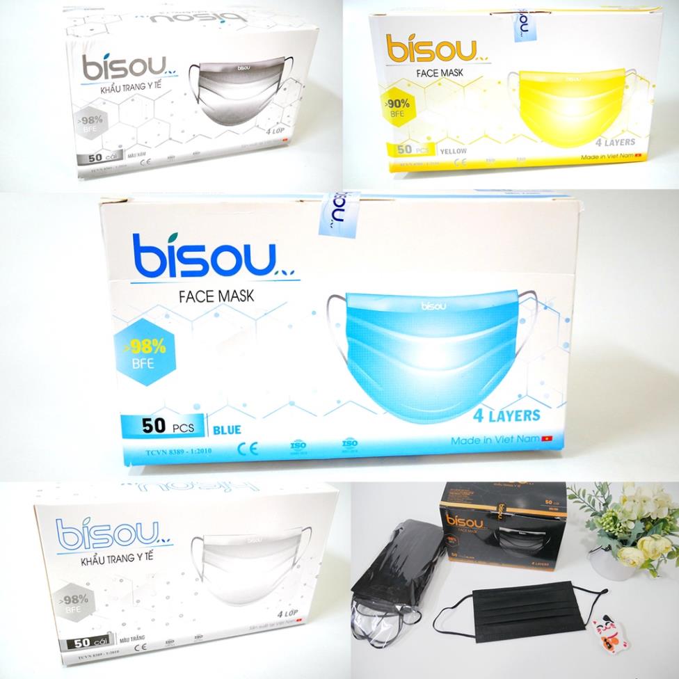 Khẩu trang Bisou Y tế 4 lớp kháng khuẩn hộp 50c [ĐỦ 6 MÀU]